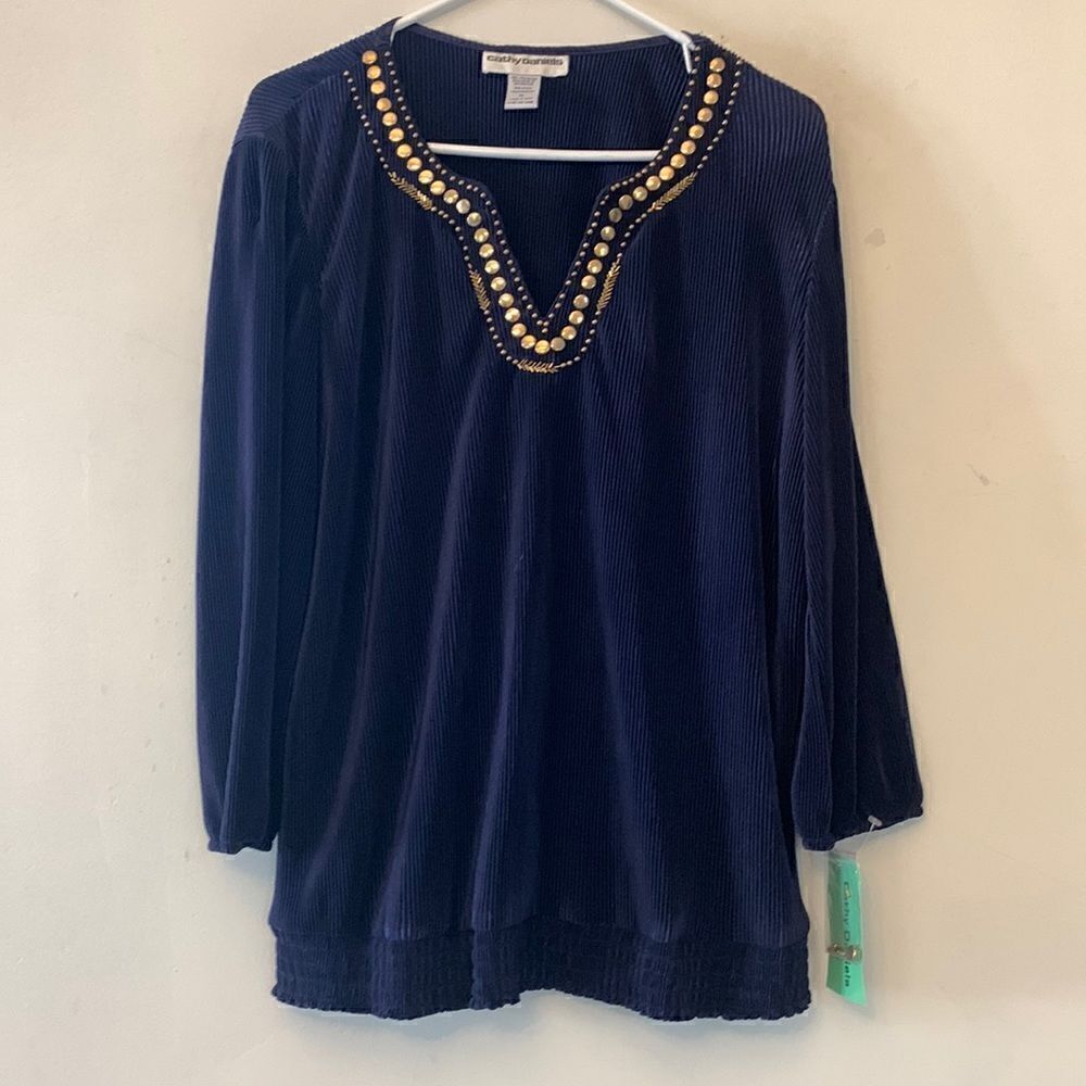 Cathy Daniels 3/4 length sleeve navy blouse gold bead neckline Size Xl NWT